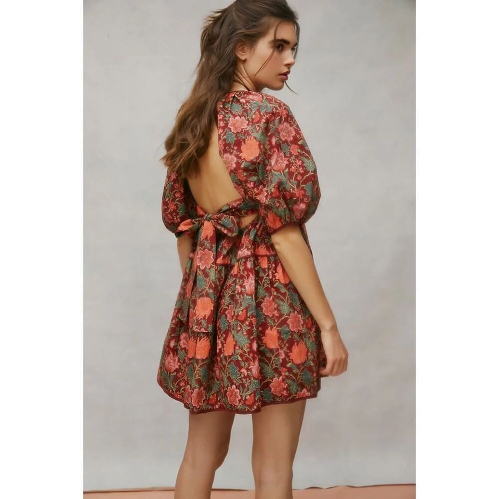 Laura Ashley UO Exclusive Tiered Bella Dress Floral Red Pink Exposed Back Medium